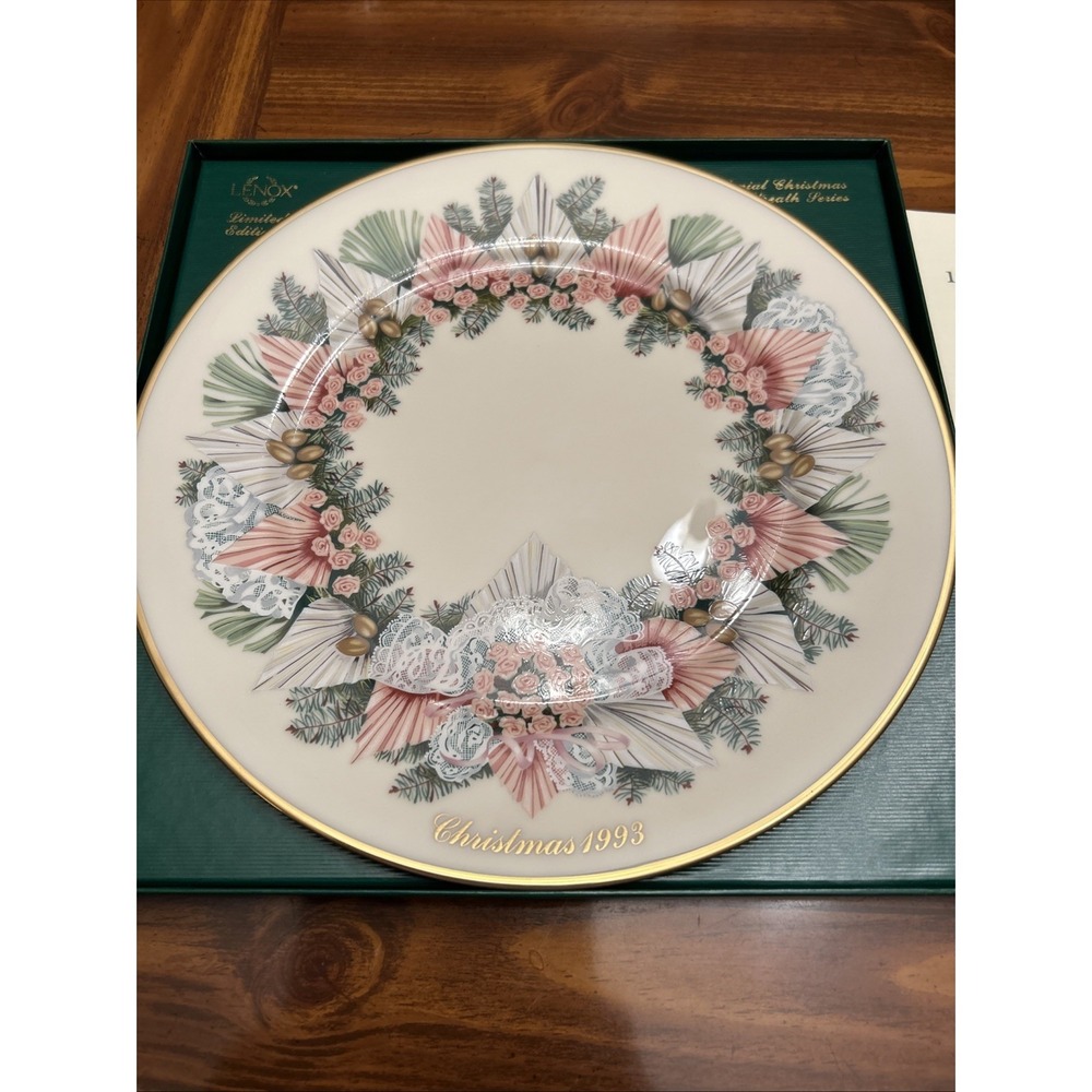 lenox colonial christmas wreath plate 1993 Pink Lace Pine NIB‎
